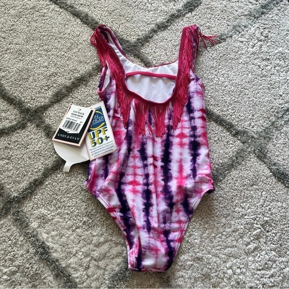 Andy and Evan tie dye fringe one piece bathing suit upf 50 purple pink new 4T - Picture 2 of 8